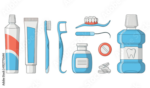 Dental hygiene essentials: toothpaste, toothbrush, floss, mouthwash, tablets