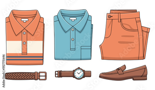 Casual men's outfit: polo shirts, shorts, belt, watch, loafers