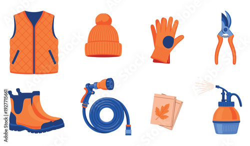 Gardening tools and autumn gear: vest, beanie, gloves, pruner, boots, hose, leaf bags, sprayer