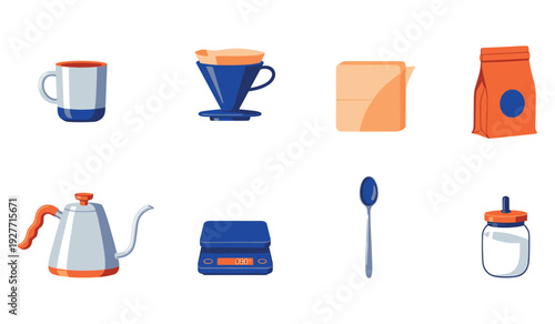 Coffee brewing essentials: mug, filter, scale, spoon, kettle, and bag set