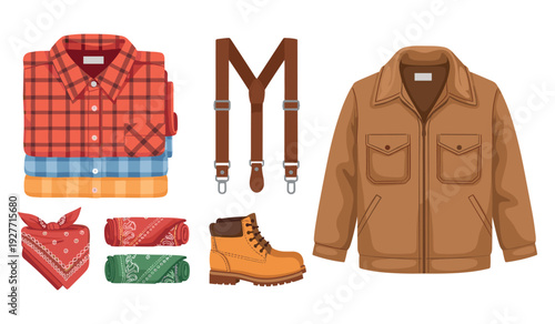 Casual outdoor clothing and accessories featuring jacket, shirt, boots, suspenders, bandanas