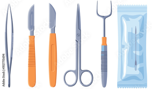 Medical surgical instruments set with scalpel scissors tweezers and sterile packaging
