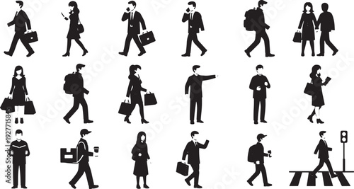 A collection of diverse professional business people, men and women, in silhouette walking and commuting in an urban environment, representing daily life and professional activity.