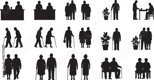 WBlack silhouette illustrations of elderly people in daily life activities, couples walking, using canes, sitting on benches, interacting with plants, symbolizing aging, companionship, and senior 