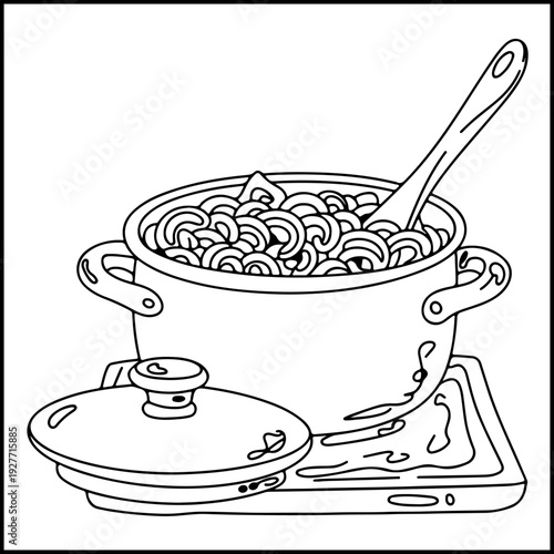 Pasta in boiling pot with wooden spoon kitchen cooking coloring page vector illustration