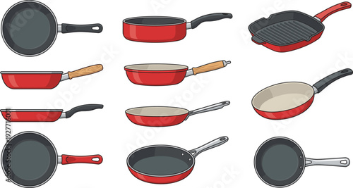 Frying pan and grill pan cookware set in different angles nonstick kitchen utensils collection for cooking food preparation and recipe design projects.
