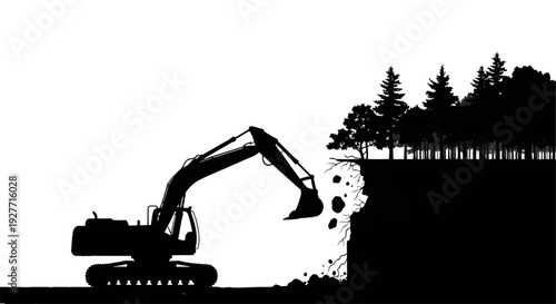 Vector silhouette of an excavator digging at a cliff edge causing soil erosion near a forest, representing environmental damage and land development.