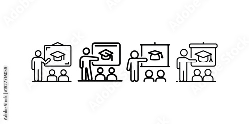 Teacher presenting graduation cap on screen to students, lecture, presentation, education and learning, school, university, research, knowledge, seminar, conference, study