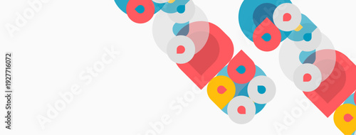 Abstract colorful shapes overlap, creating dynamic visual pattern. Simple geometry, modern design, bright hues dominate composition.