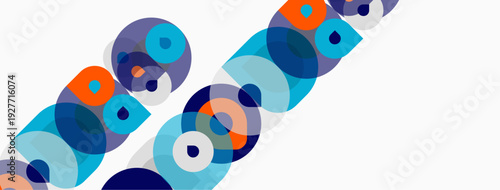 Abstract composition featuring overlapping circles. Blue, orange, teal hues dominate design. Minimalist aesthetic, clean lines present.