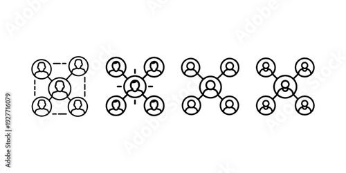 Network of people icons in outline style isolated on white background, vector illustration, representing connection and community