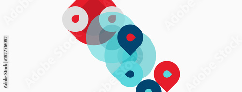 Abstract circles overlap, creating layered shapes. Red, blue, turquoise hues dominate white background. Minimalist design suggests connection, network.