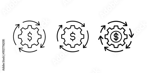 Financial cycle and revenue generation icon set. dollar sign inside a gear with arrows in a circle. money circulation concept with three variations