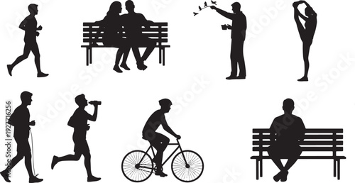 A collection of black silhouettes depicting various outdoor activities and moments of leisure, showcasing a healthy and active lifestyle in a clean, vector graphic style.
