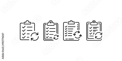 Checklist and refresh icon set for task management and process completion symbols indicating workflow and repeated actions