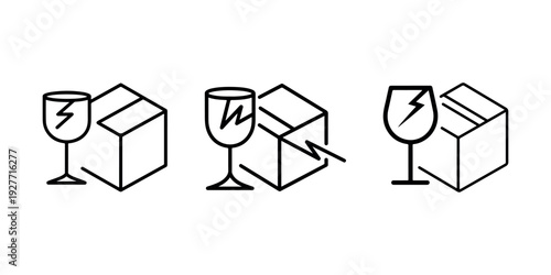 Fragile package icon set with glass symbol representing care and safe delivery of goods during shipping and transport