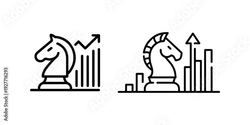 Knight chess piece with business growth chart icons symbolizing strategic planning and financial progress in market