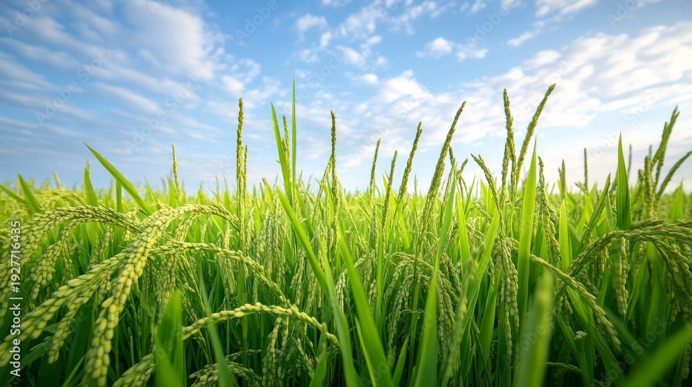 Obraz premium 70.Lush green rice plants standing tall in expansive field, long slender blades swaying lightly in the breeze, unripe grains forming along vibrant stalks, bright daylight casting soft highlights,