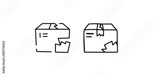Damaged package concept with broken shipping box, two versions of impaired parcel icon
