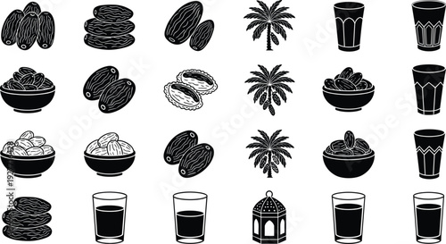Islamic Ramadan silhouette vector icon set featuring dates, palm trees, lantern, bowls, and drinks, traditional monochrome religious food symbols