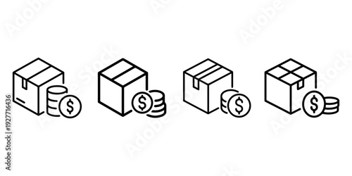 Package cost concept with box and coins, multiple variations of shipping price icons