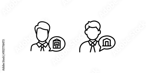 Financial advisor or bank employee icon set with male character in shirt and tie with speech bubble showing bank building symbol for customer assistance
