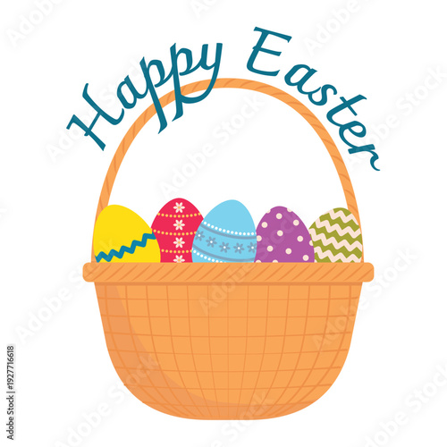 Wicker basket with a decorated Easter eggs and text Happy Easter. Vector illustration isolated on a white background