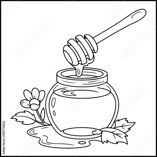 Honey jar with dipper and flowers vector illustration, kitchen coloring page flat design, sweet food decor