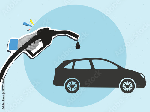Black and white hand holding silhouette of a fuel nozzle with a falling drop near a car silhouette. Refueling a car. Modern collage style. Vector illustration