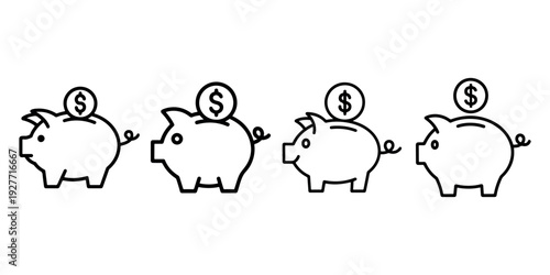 Piggy bank with dollar coin icon set in various stroke weights for money saving and investment planning concept linear outline vector illustration isolate