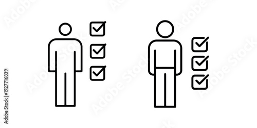 Set of two standing man with checklist icons. simple line art style vector illustration isolated on white background. task complete concept