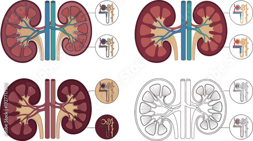 Human kidney anatomy set with internal structure nephron and urinary system detailed medical illustration collection for healthcare education and biology study materials.