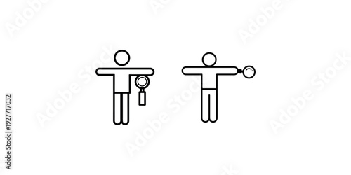 Person holding magnifying glass icon in outline style isolated on white background, vector illustration, symbol for search