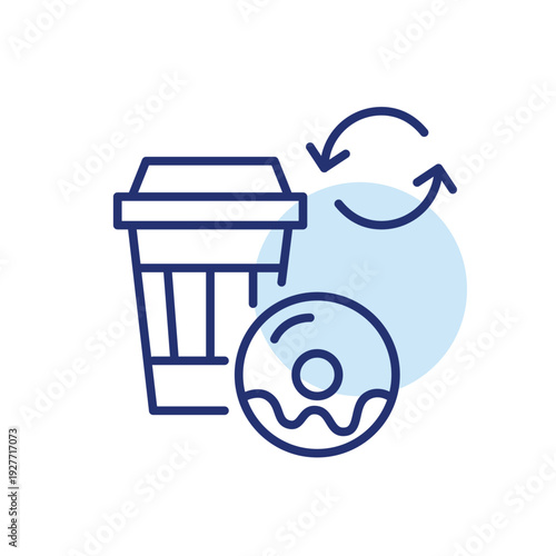 Takeaway coffee cup, donut and renew symbol. Beverage refill, dessert menu update. Pixel perfect, editable stroke vector icon