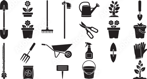 A comprehensive collection of black silhouette icons representing essential gardening tools and elements, perfect for illustrating concepts of horticulture, DIY projects, and outdoor activities.