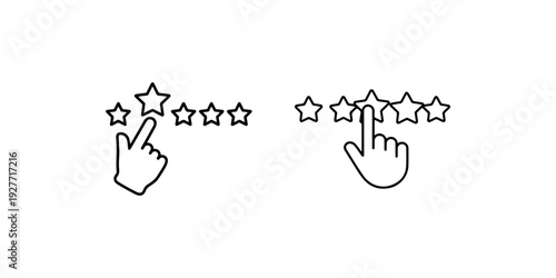 Set of rating stars icons with hand. vector line art illustrations. five stars rating system with clicking hand cursor for reviews and feedback