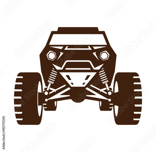 brown off road buggy vehicle front view with big wheels and suspension