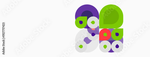 Colorful circles overlap, creating abstract composition. Purple, green, red, white hues dominate design. Simple shapes suggest playful energy.