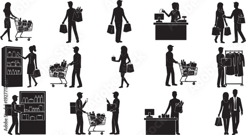 Collection of diverse black and white silhouettes depicting various shopping scenarios, including grocery carts, retail checkouts, and clothing racks, illustrating consumerism and daily commerce.