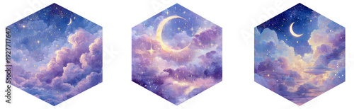 A magical celestial sky featuring a glowing crescent moon and pastel-toned clouds, framed neatly inside a hexagon. The clean white outer space creates a minimal yet striking geometric composition.