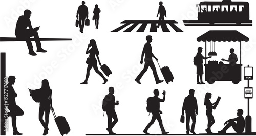 Collection of diverse black silhouettes representing people in various travel and commuting scenarios, including walking with luggage, waiting for transport, and using urban services.