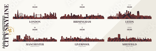 City skyline silhouettes London, Birmingham, Leeds, Manchester, Liverpool, Sheffield, Detail urban cityscape, Panoramas of English cityscape horizon with abstract brutalism geometric pattern, kit 10