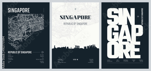Detailed urban street plan city map Singapore the Republic of Singapore, is an island country and city-state in Southeast Asia, Vector set of travel posters, Silhouette city skyline artwork, set 2