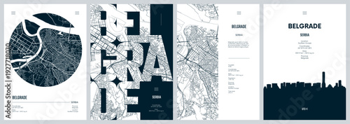 Set of travel posters design with street plan Belgrade the capital and largest city of Serbia, Monochrome printable detailed urban city map, Silhouette city skyline, vector artwork