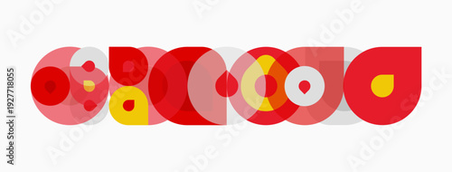 Abstract design features overlapping circles, creating colorful shapes. Red, yellow hues dominate composition. Modern, playful aesthetic.