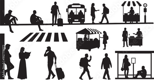 A collection of black vector silhouettes depicting people in various urban scenarios, including waiting at a bus stop, shopping at stalls, and crossing a street, suitable for graphic design.