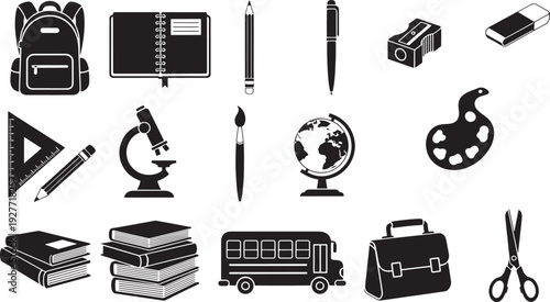 A clean, graphic collection of black and white school and office supplies icons, perfect for educational or business concepts. Includes a backpack, books, globe, calculator, ruler, scissors, and more.