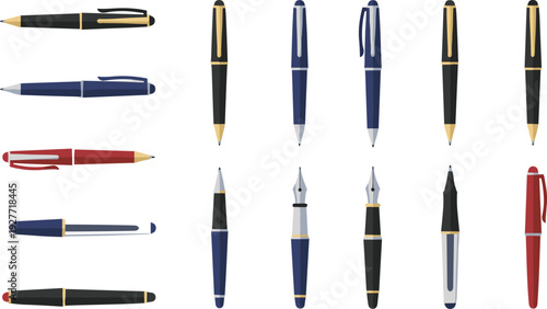 Luxury pen collection with fountain pens and ballpoint pens in multiple angles elegant writing instruments set for business signature and office stationery design.