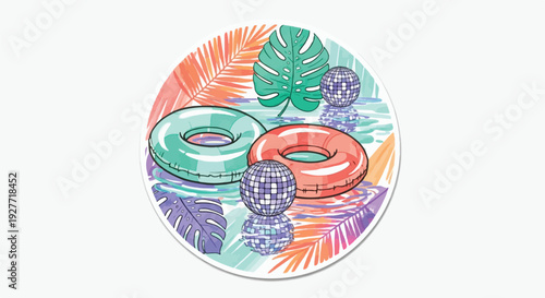 Vibrant round sticker illustration featuring turquoise and coral inflatable swim rings, glittering disco balls, and tropical palm fronds reflecting on shimmering pool water.
