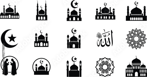 Islamic mosque and crescent moon silhouettes collection with arabic calligraphy and geometric ornament, black vector religious icons set isolated on white background